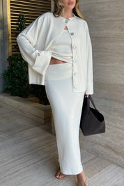 Lunéa – Three-Piece Knit Cardigan, Vest & Skirt Set