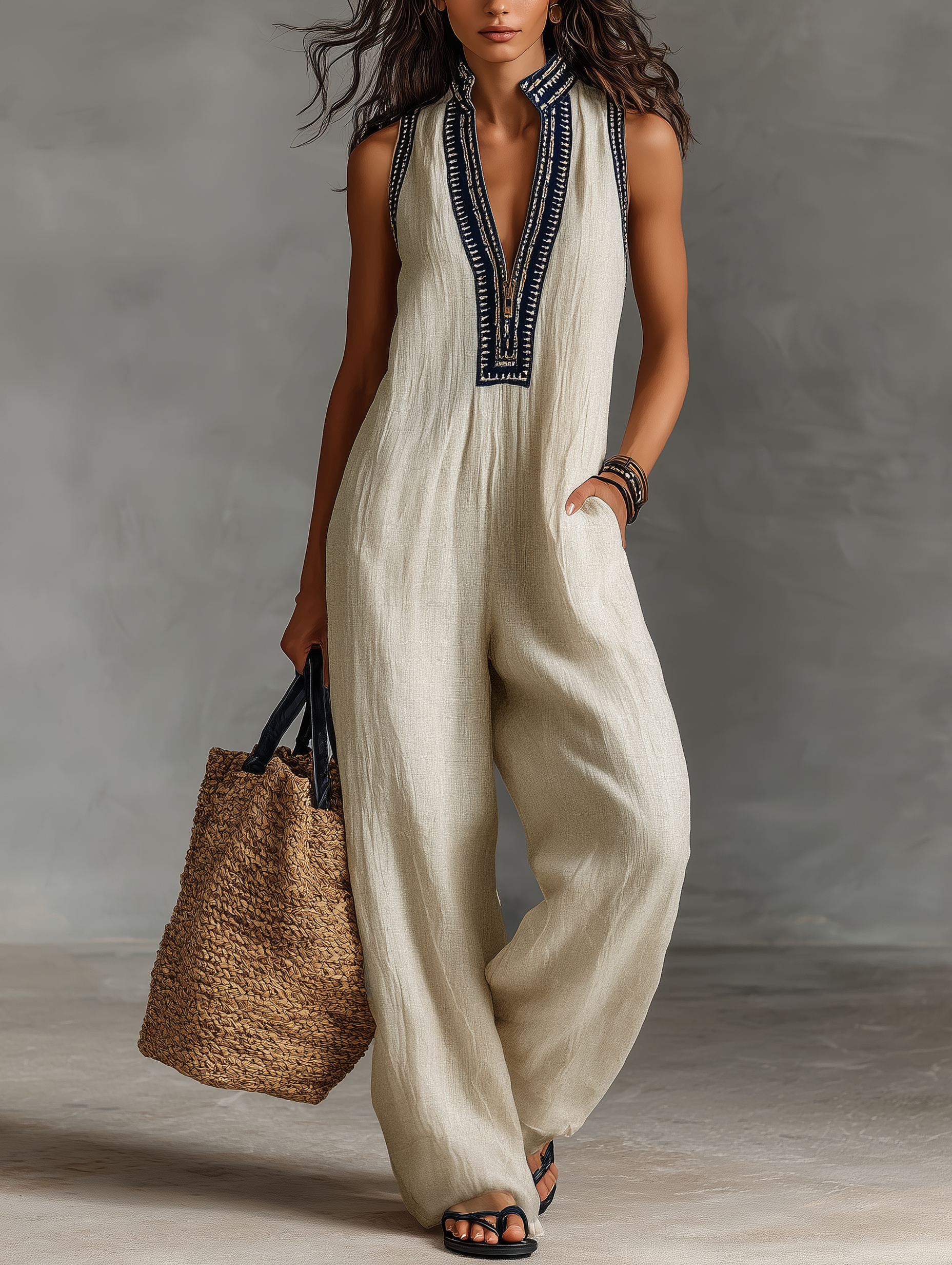 Elvora - Women’s Linen Embroidered Jumpsuit