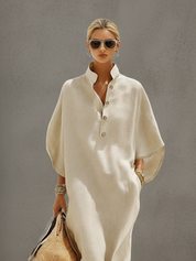 Olivara - Women’s Linen Mandarin Collar Maxi Dress