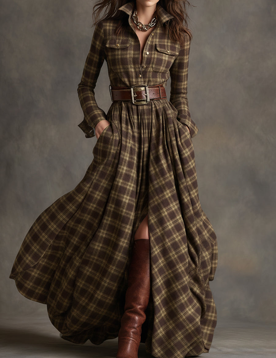 Bravira | Plaid Belted Lapel Maxi Dress