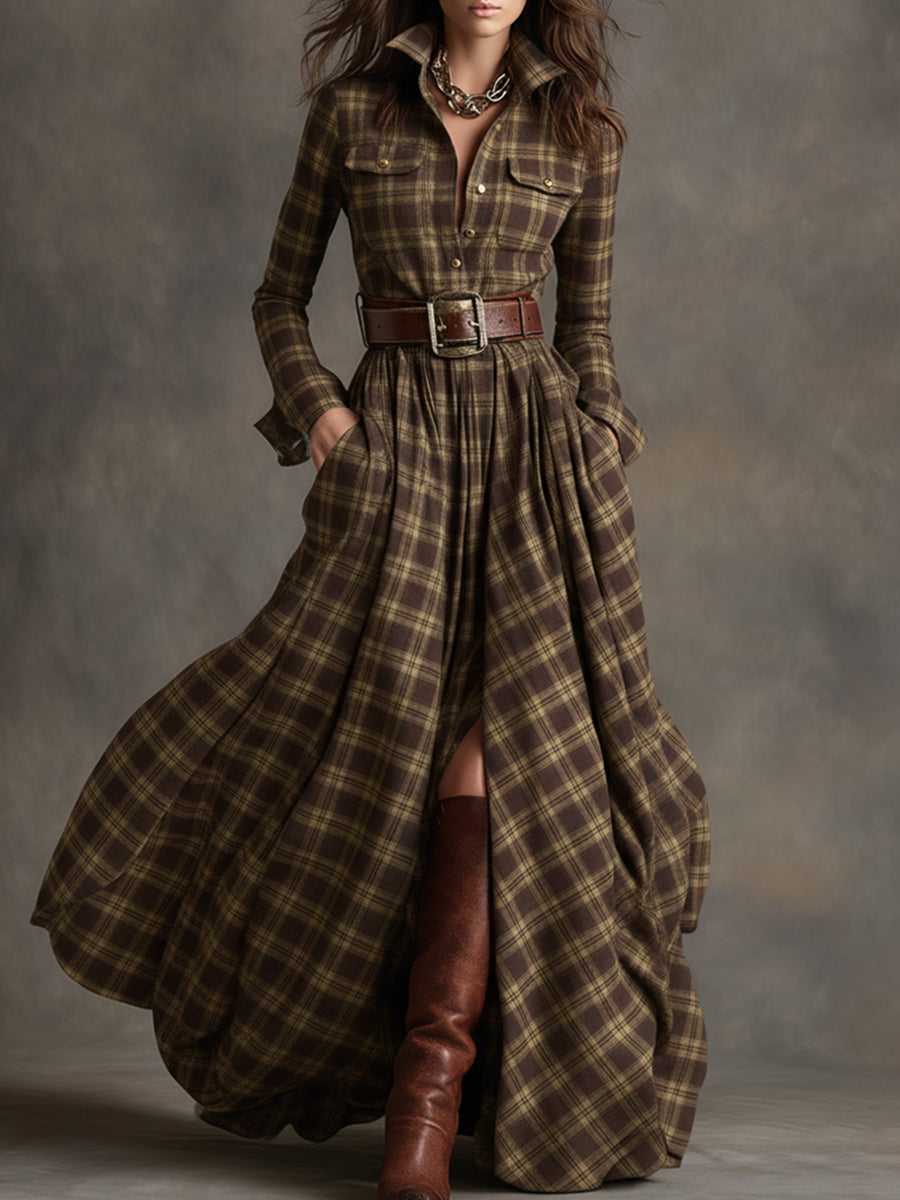Bravira | Plaid Belted Lapel Maxi Dress