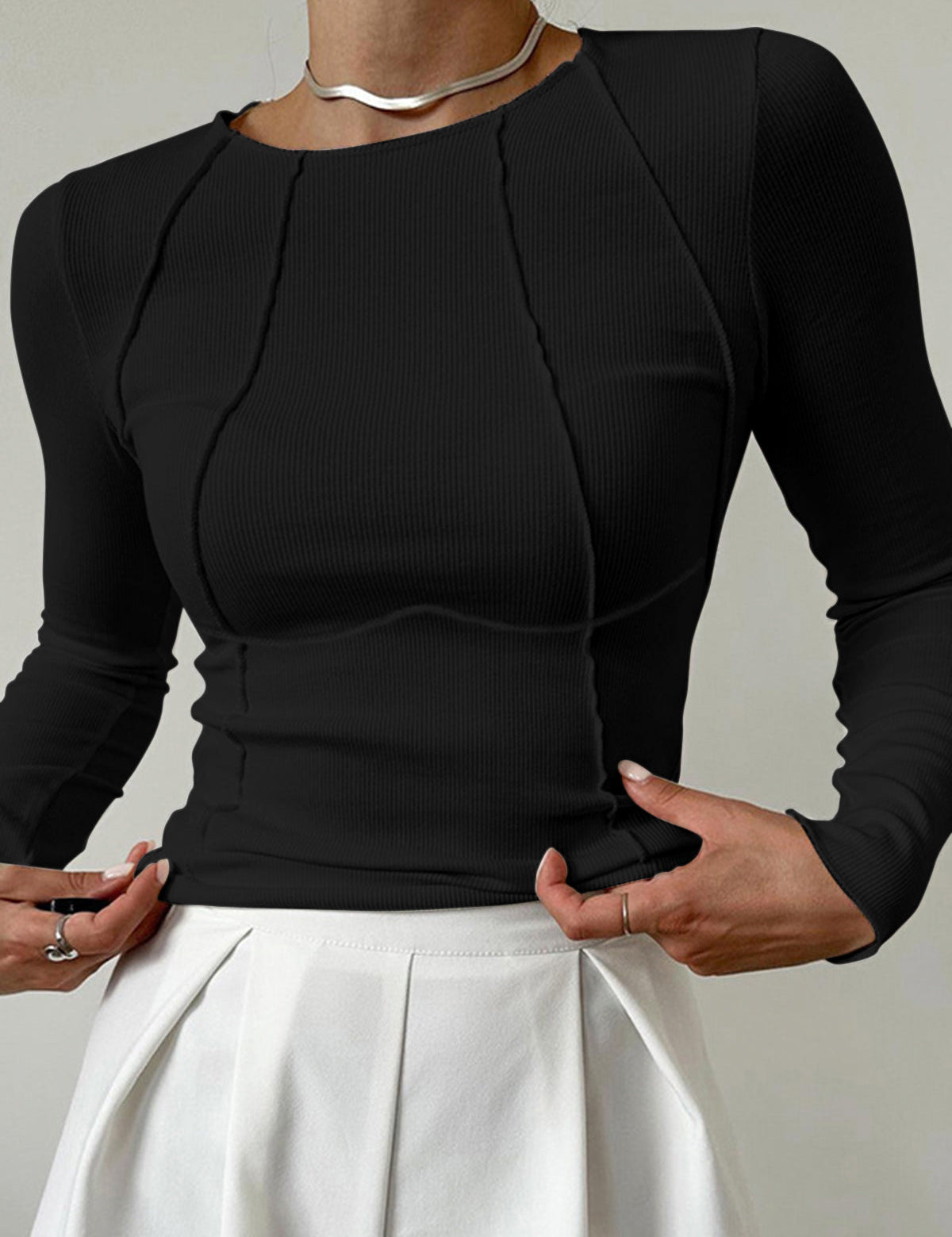 Zalithra | Women’s Ribbed Piping Long Sleeve Top