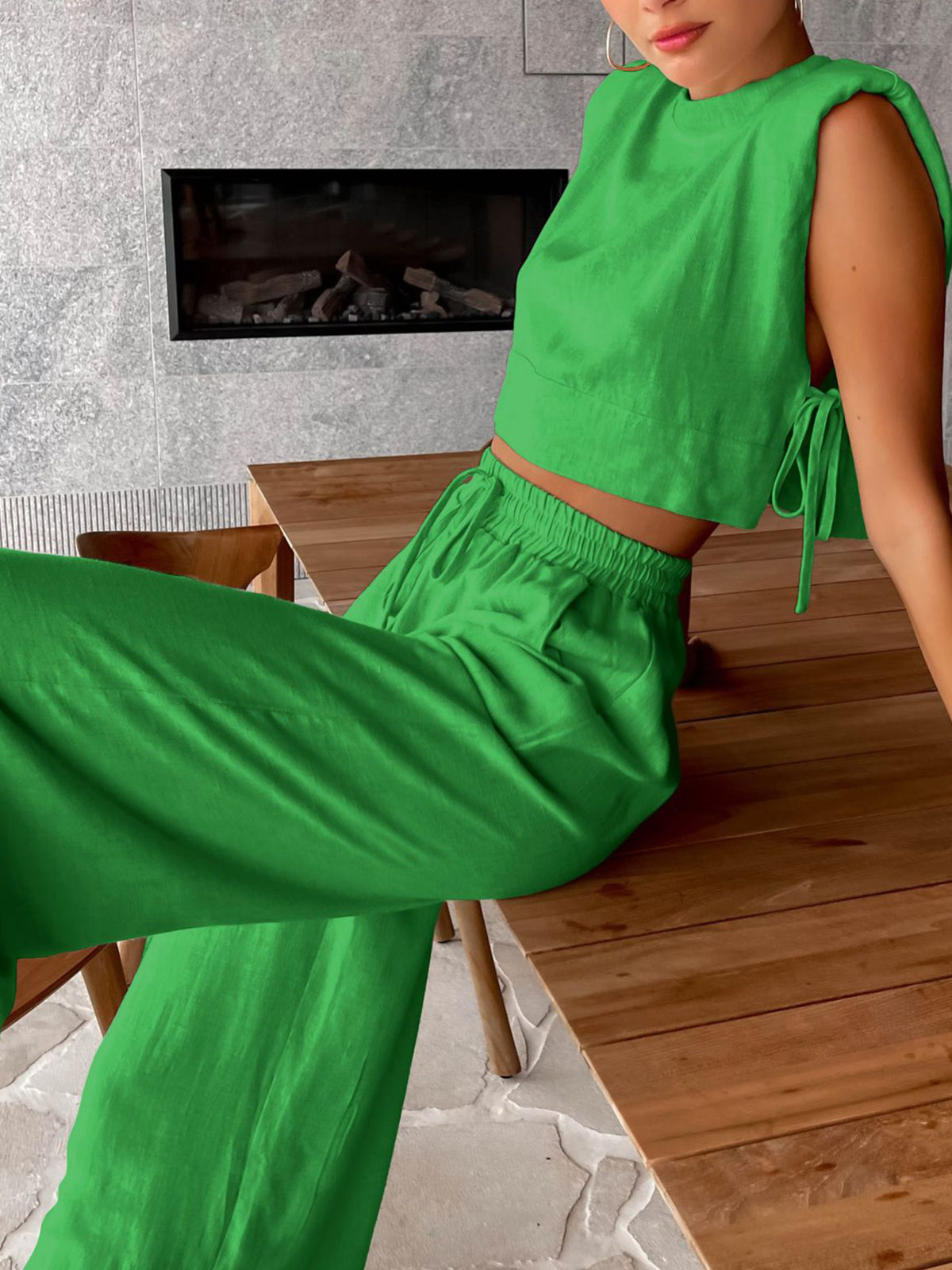 Thalira | Women’s Wide Leg Linen Two-Piece Set