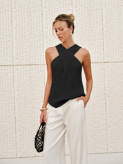 Xandria | Women’s Halter Cross-Over Collar Tank Top