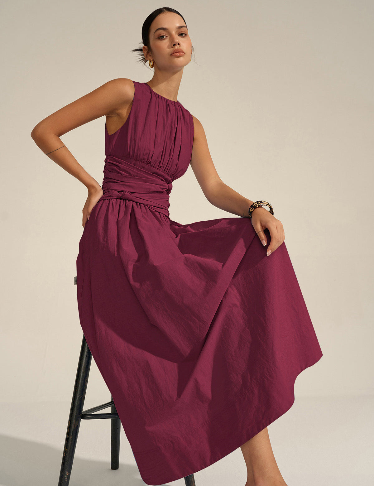 Ruched Waist | Women’s Crew Neck Maxi Dress