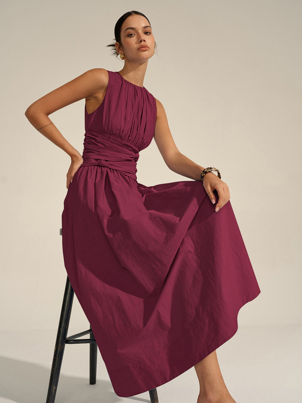 Ruched Waist | Women’s Crew Neck Maxi Dress