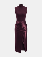Zarelle | Women’s Faux Leather Panel Mock Neck Midi Dress