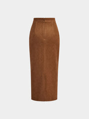 Kaedris | Women’s Suede Effect Draped Slit Midi Skirt