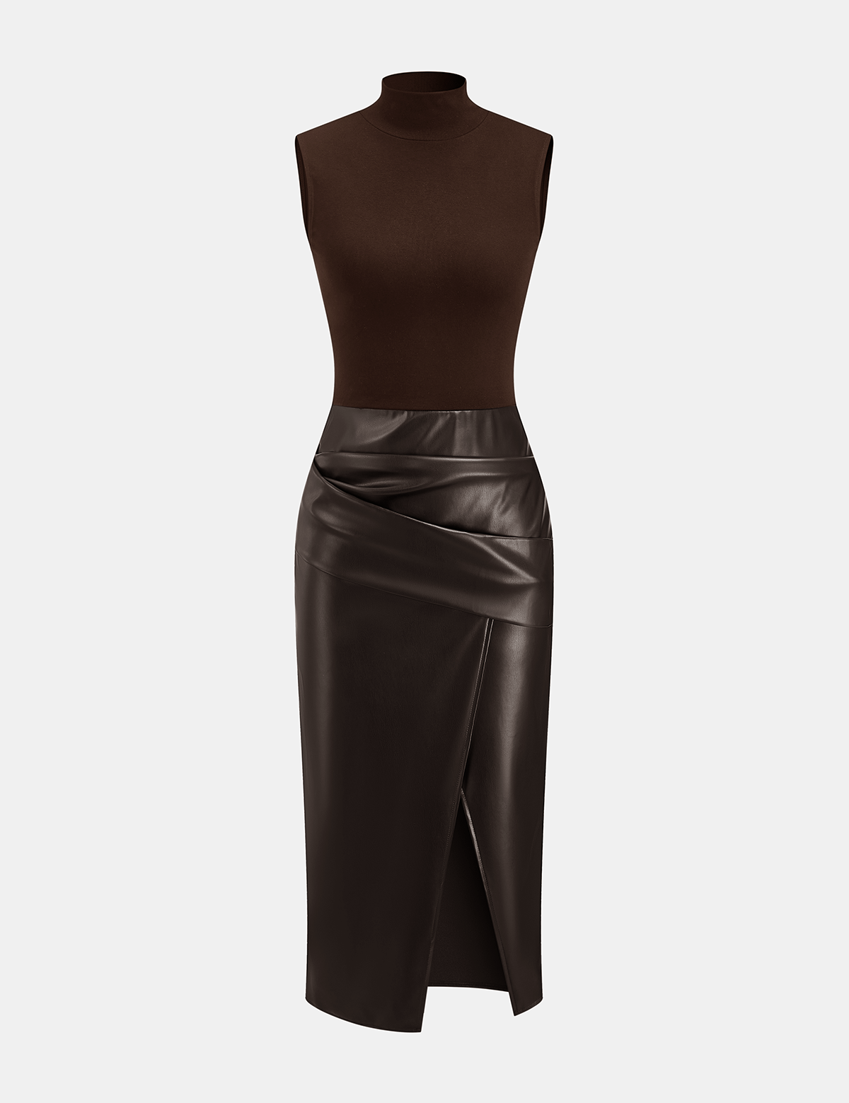 Zarelle | Women’s Faux Leather Panel Mock Neck Midi Dress
