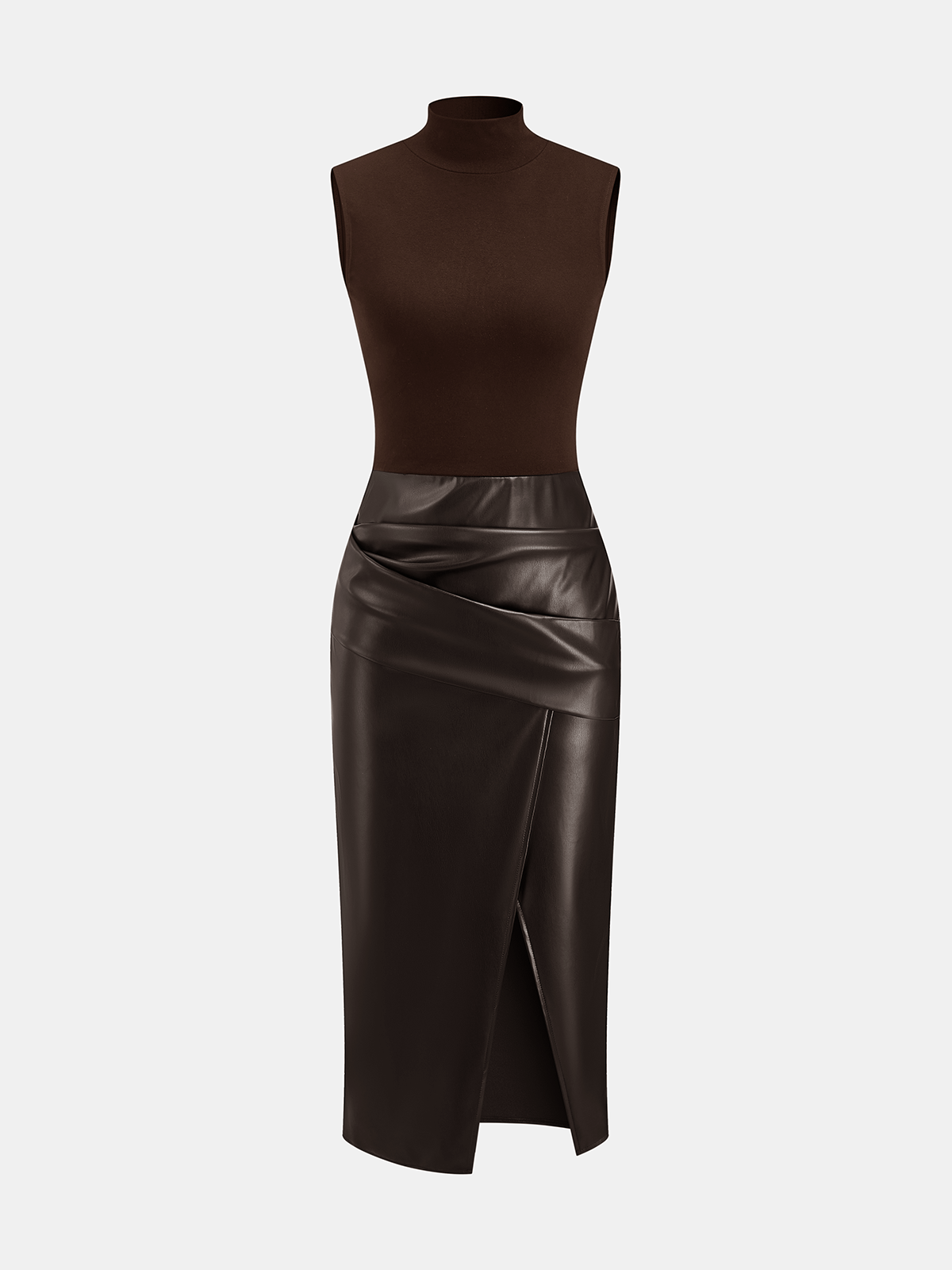 Zarelle | Women’s Faux Leather Panel Mock Neck Midi Dress