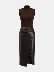 Zarelle | Women’s Faux Leather Panel Mock Neck Midi Dress