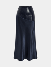 Faux Leather Panel | Women’s Satin Maxi Skirt with Faux Leather Detail