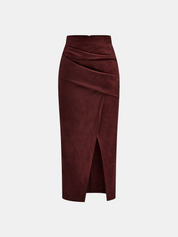 Kaedris | Women’s Suede Effect Draped Slit Midi Skirt