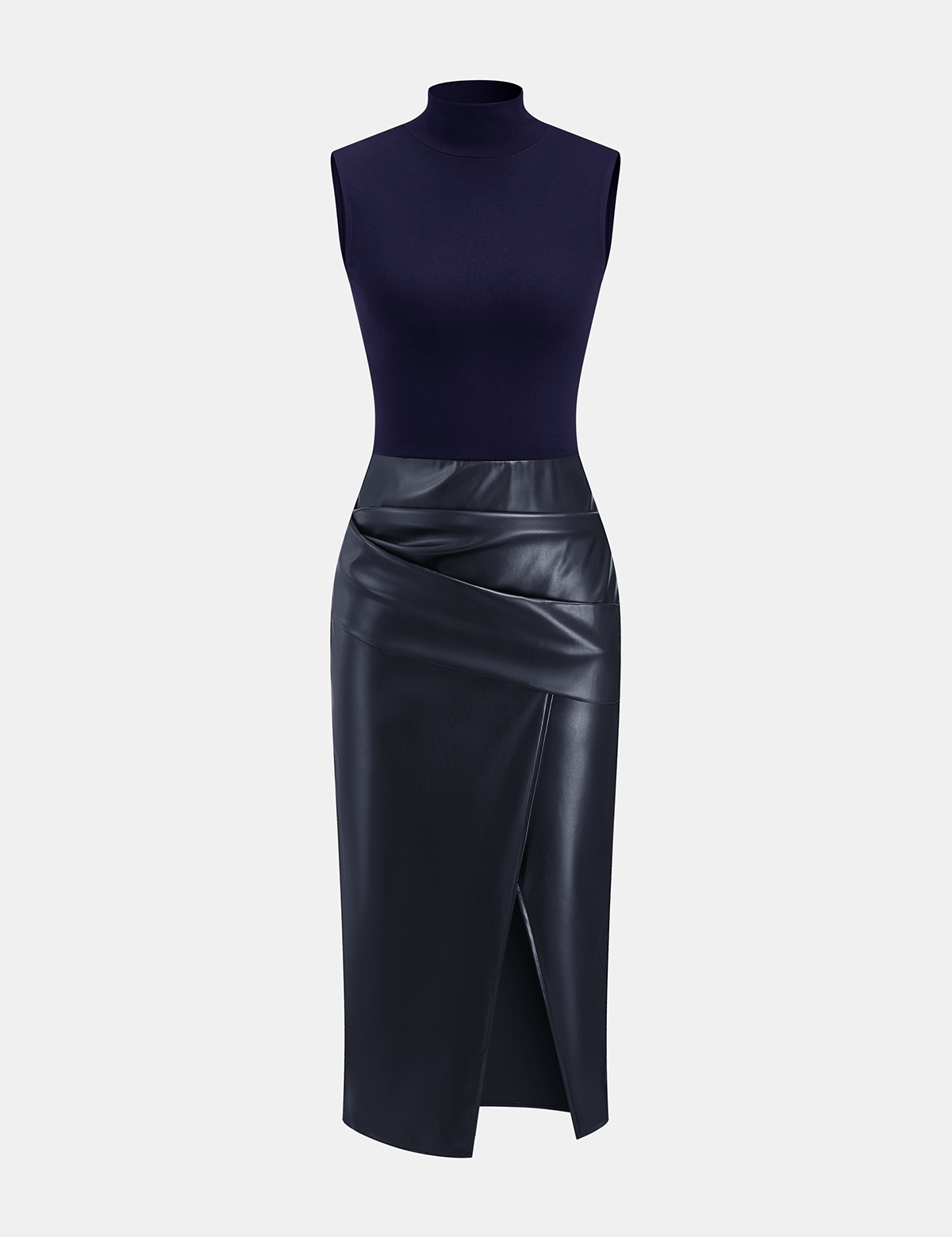 Zarelle | Women’s Faux Leather Panel Mock Neck Midi Dress