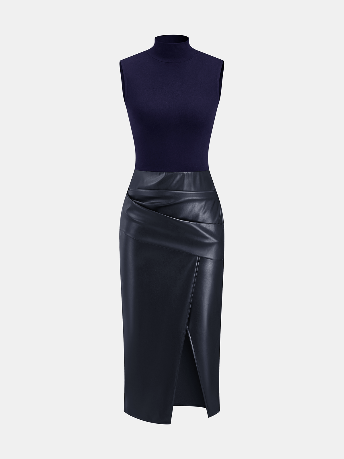 Zarelle | Women’s Faux Leather Panel Mock Neck Midi Dress