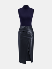 Zarelle | Women’s Faux Leather Panel Mock Neck Midi Dress