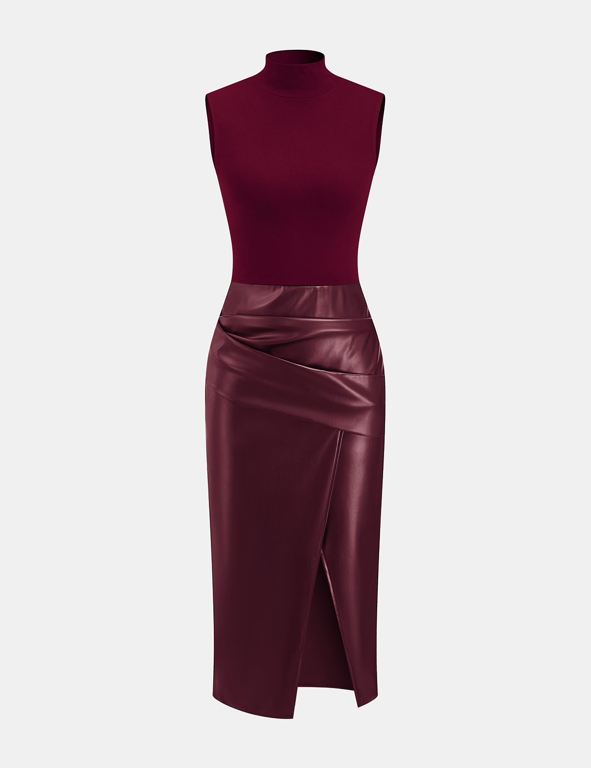 Zarelle | Women’s Faux Leather Panel Mock Neck Midi Dress