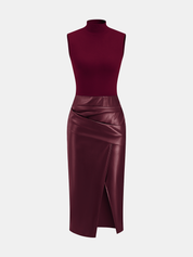 Zarelle | Women’s Faux Leather Panel Mock Neck Midi Dress
