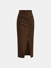 Kaedris | Women’s Suede Effect Draped Slit Midi Skirt