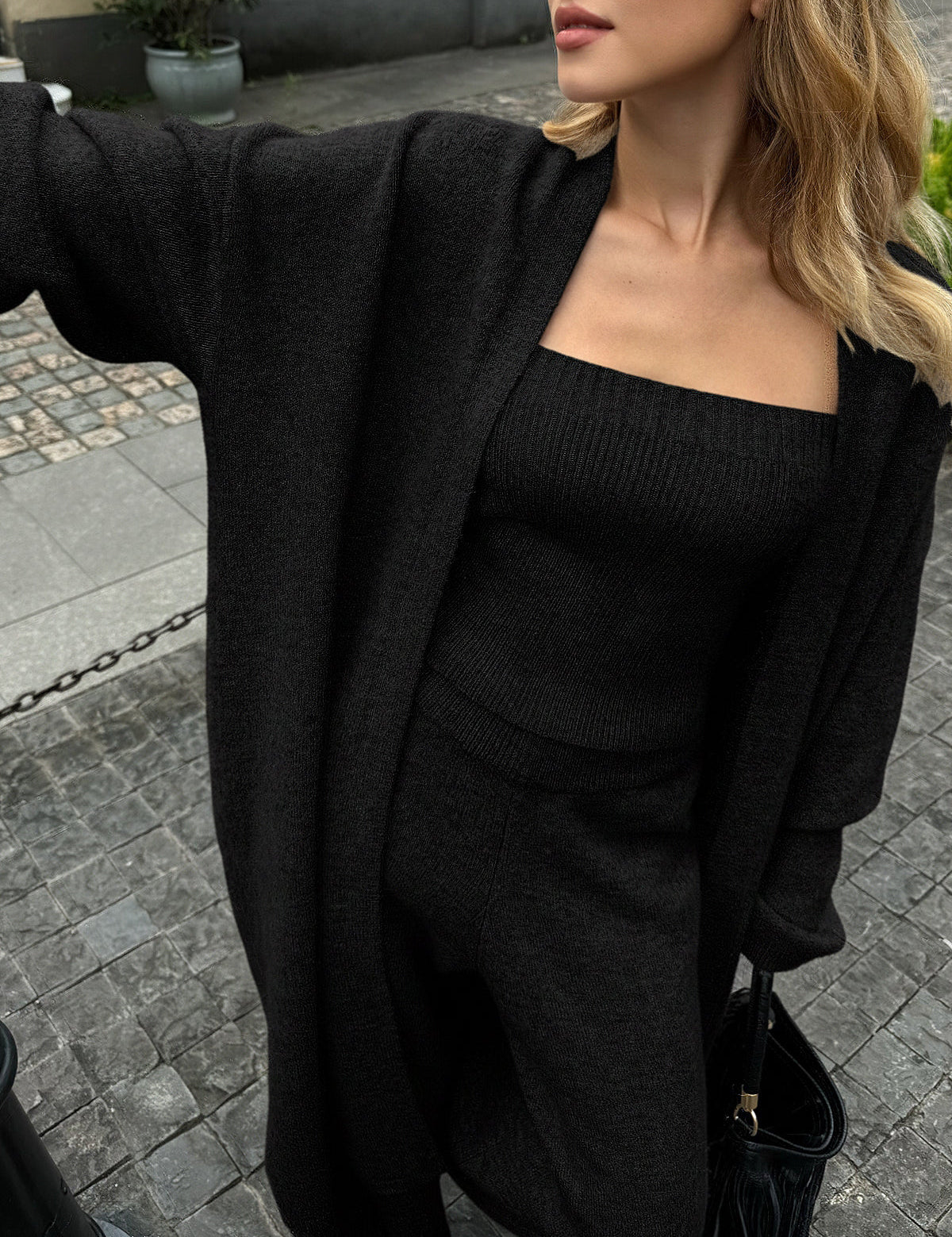Zavelle | Women’s Three-Piece Knit Bustier Cardigan Pants Set