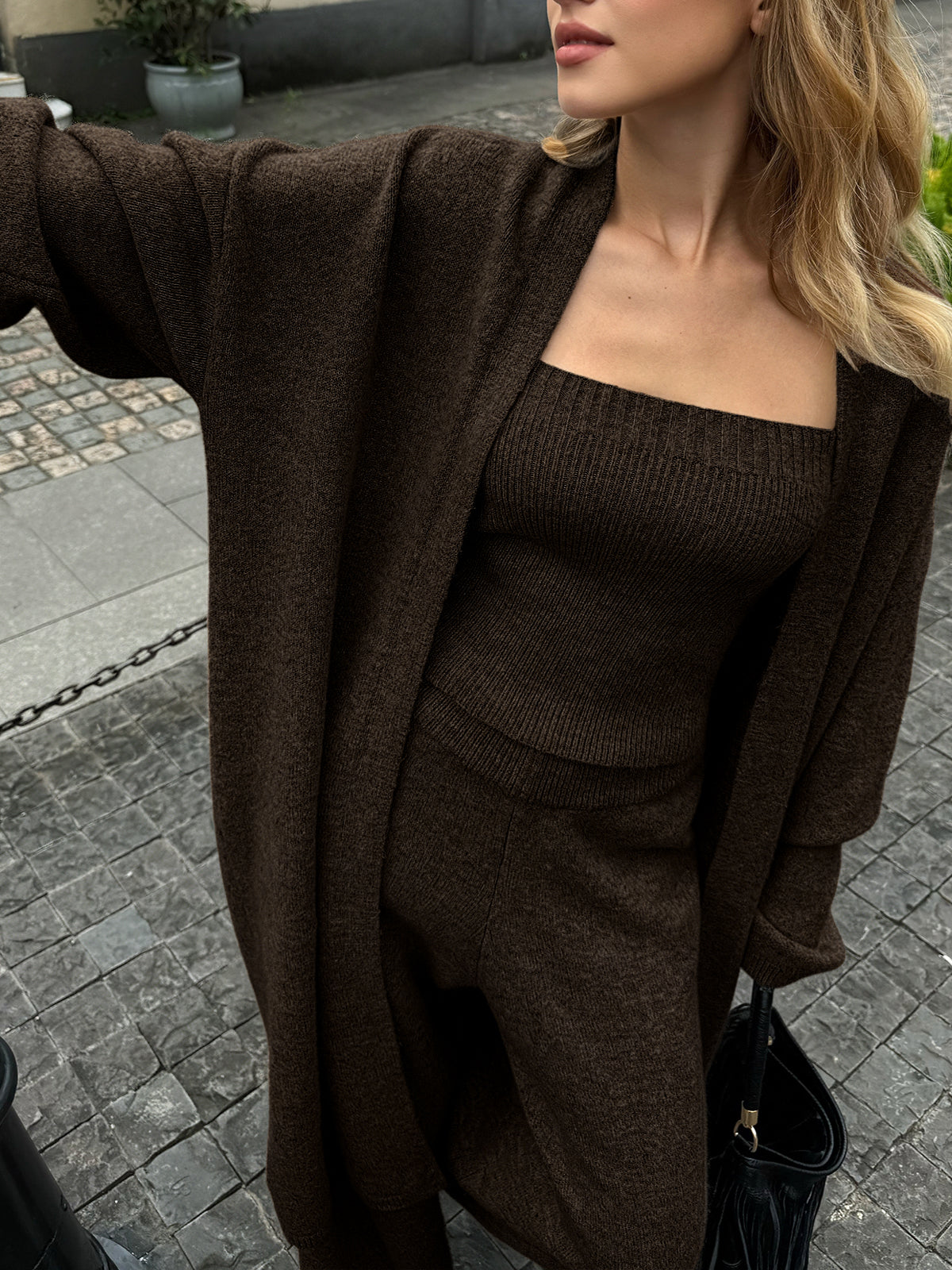 Zavelle | Women’s Three-Piece Knit Bustier Cardigan Pants Set