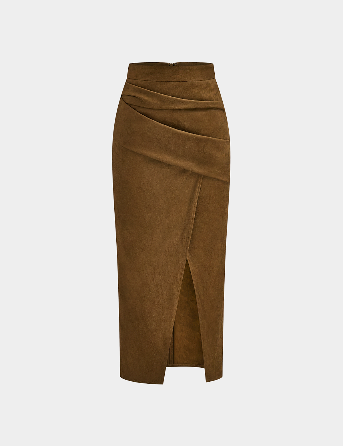 Kaedris | Women’s Suede Effect Draped Slit Midi Skirt