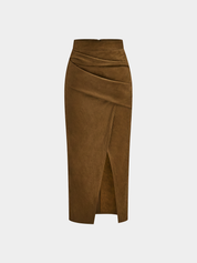 Kaedris | Women’s Suede Effect Draped Slit Midi Skirt