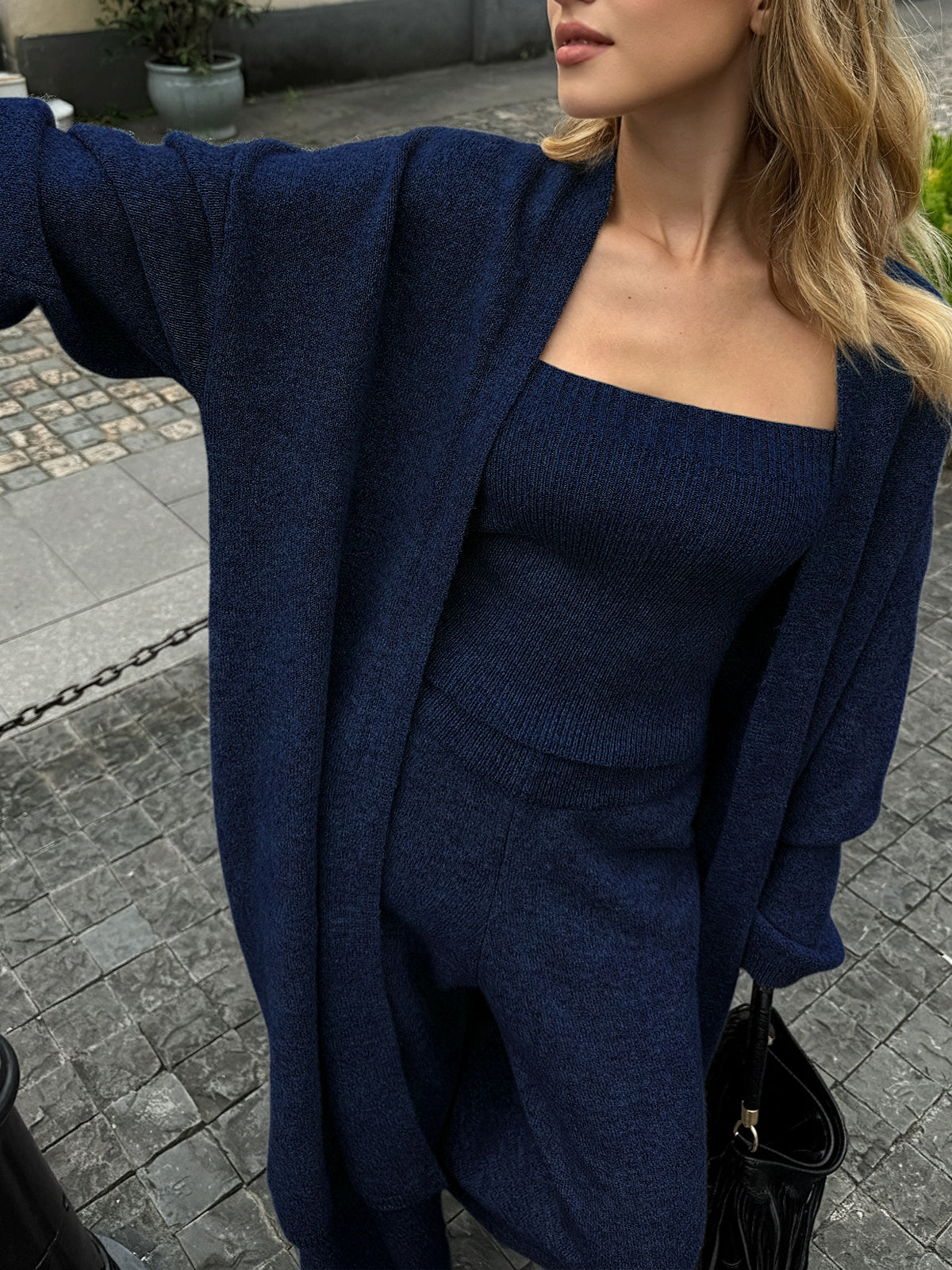 Zavelle | Women’s Three-Piece Knit Bustier Cardigan Pants Set