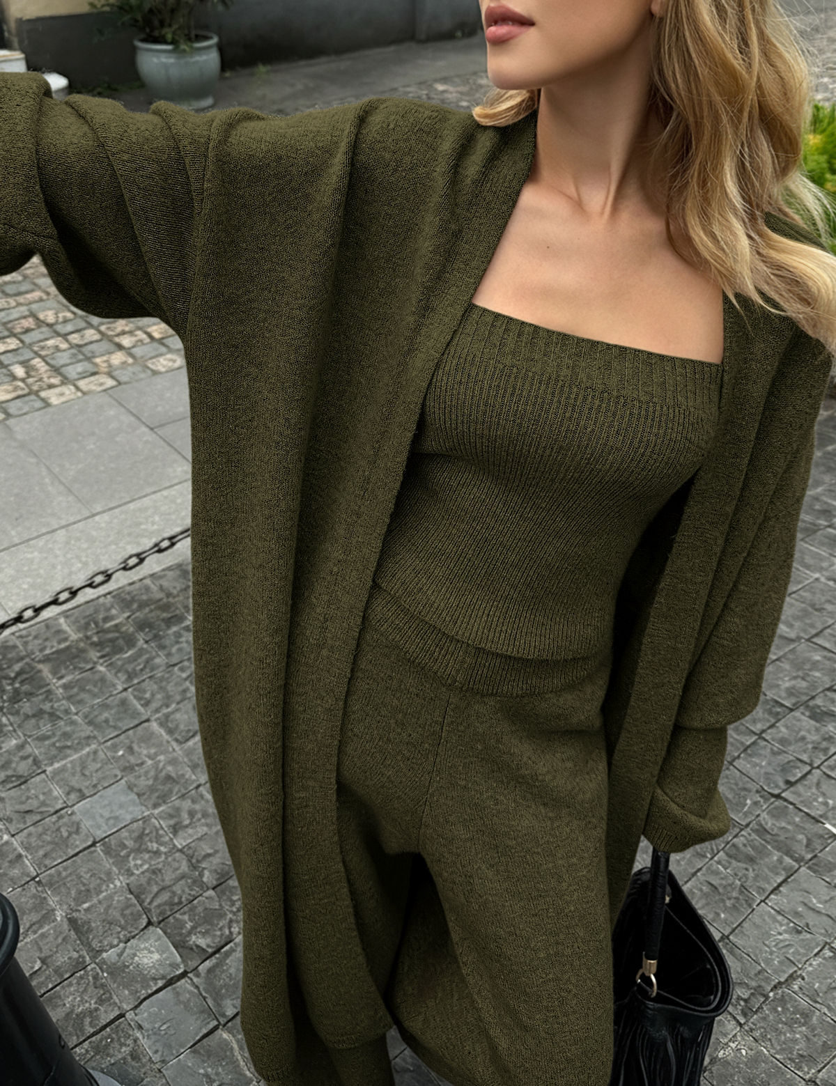 Zavelle | Women’s Three-Piece Knit Bustier Cardigan Pants Set