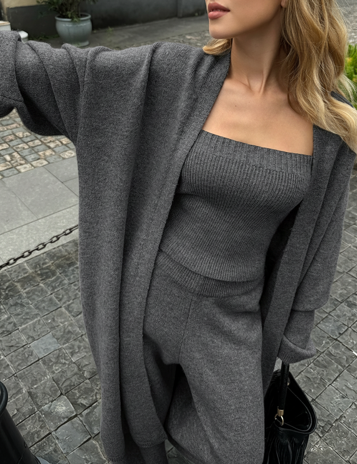 Zavelle | Women’s Three-Piece Knit Bustier Cardigan Pants Set