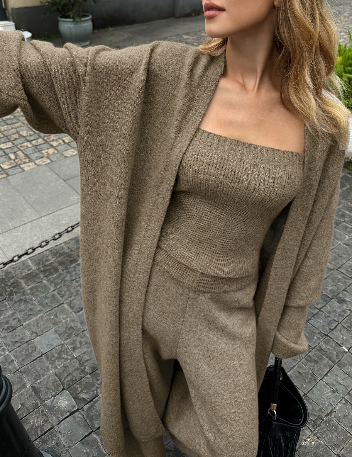 Zavelle | Women’s Three-Piece Knit Bustier Cardigan Pants Set