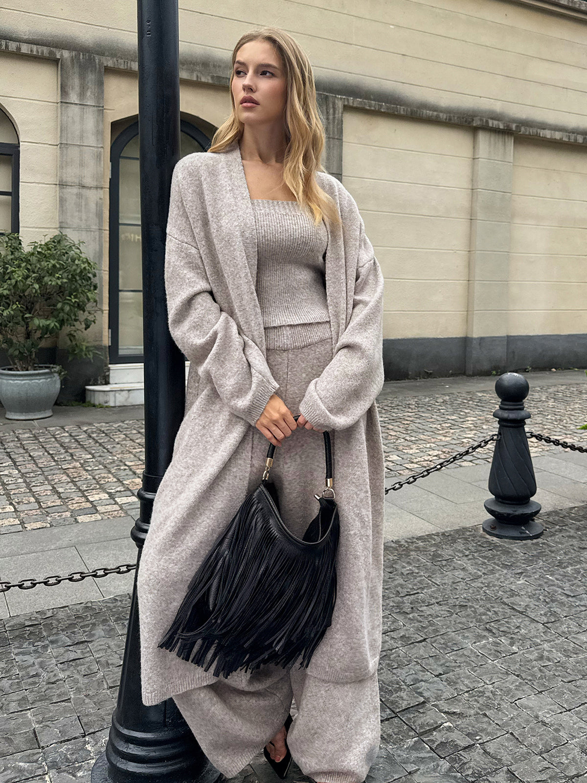 Zavelle | Women’s Three-Piece Knit Bustier Cardigan Pants Set