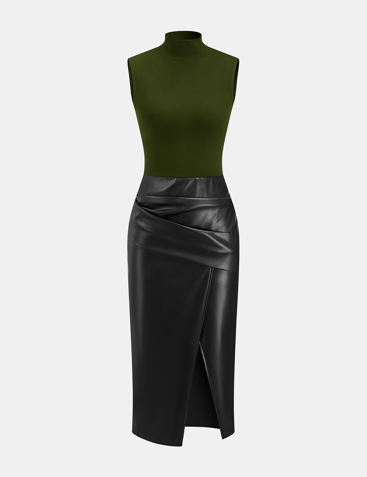 Zarelle | Women’s Faux Leather Panel Mock Neck Midi Dress