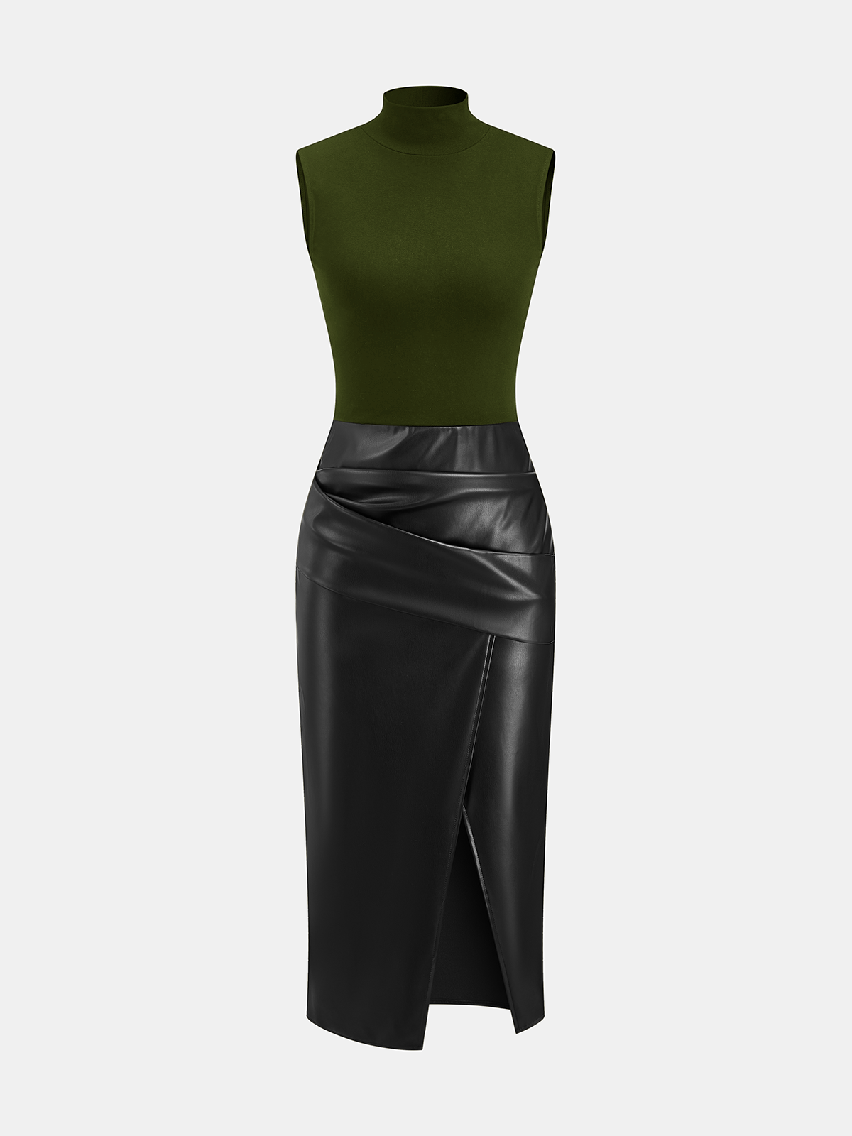 Zarelle | Women’s Faux Leather Panel Mock Neck Midi Dress