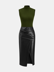 Zarelle | Women’s Faux Leather Panel Mock Neck Midi Dress