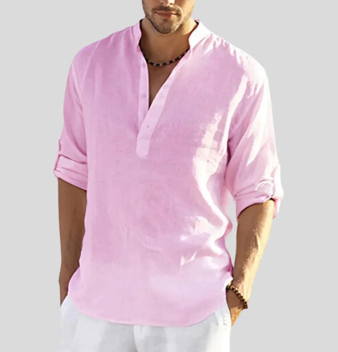 Lioren | Men’s Linen Henley Shirt with Rolled Sleeves