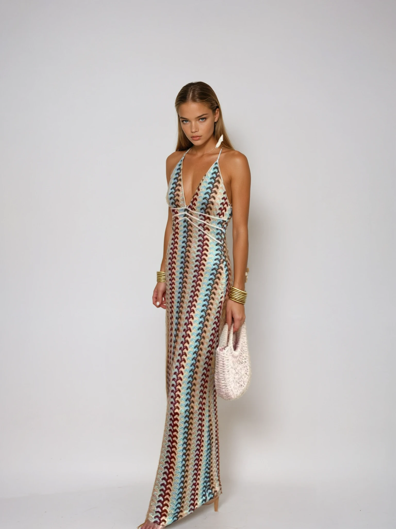 Elena Bellucci | Crochet Halterneck Maxi Dress with Retro Luxe Stripes