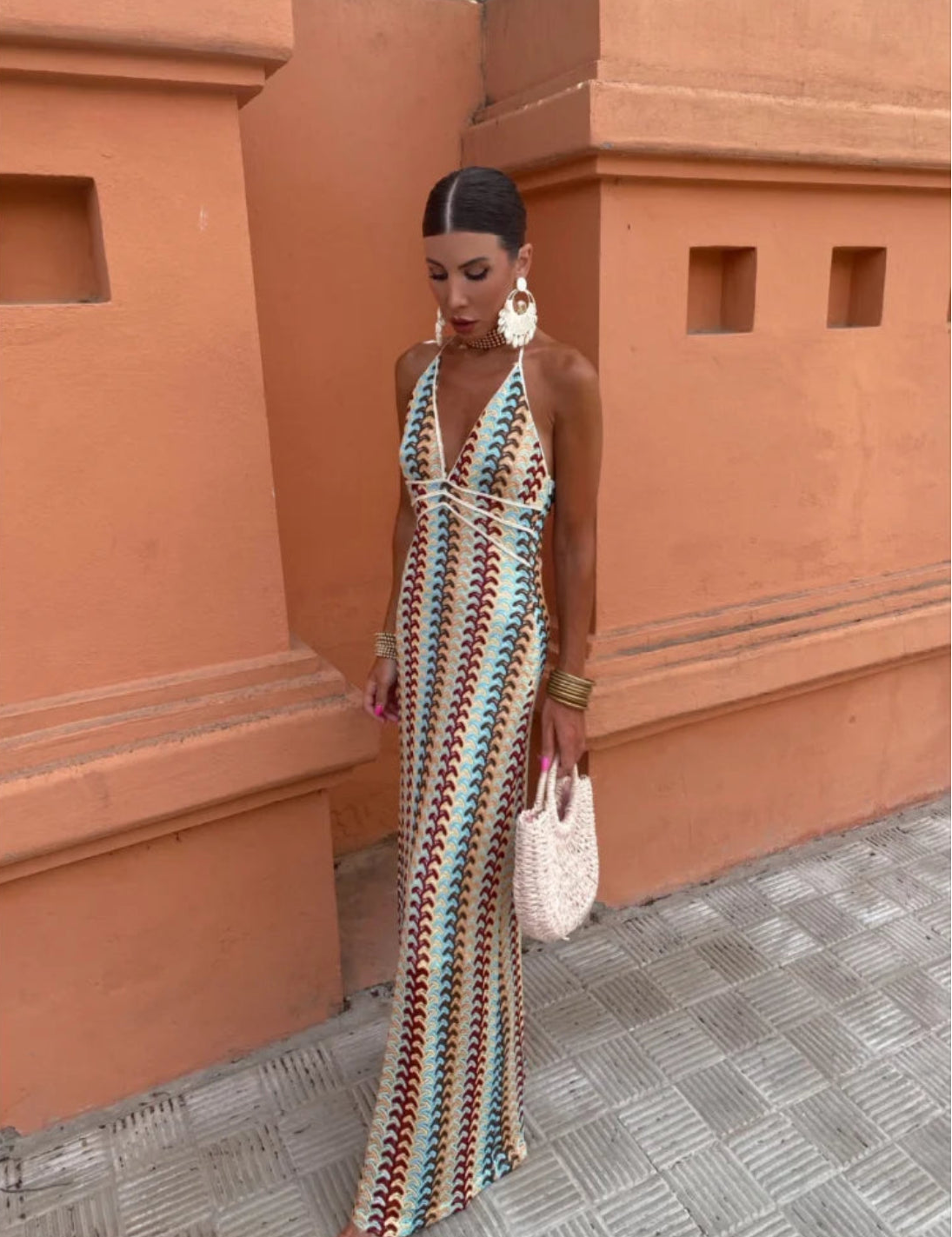 Elena Bellucci | Crochet Halterneck Maxi Dress with Retro Luxe Stripes