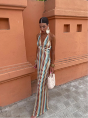 Elena Bellucci | Crochet Halterneck Maxi Dress with Retro Luxe Stripes