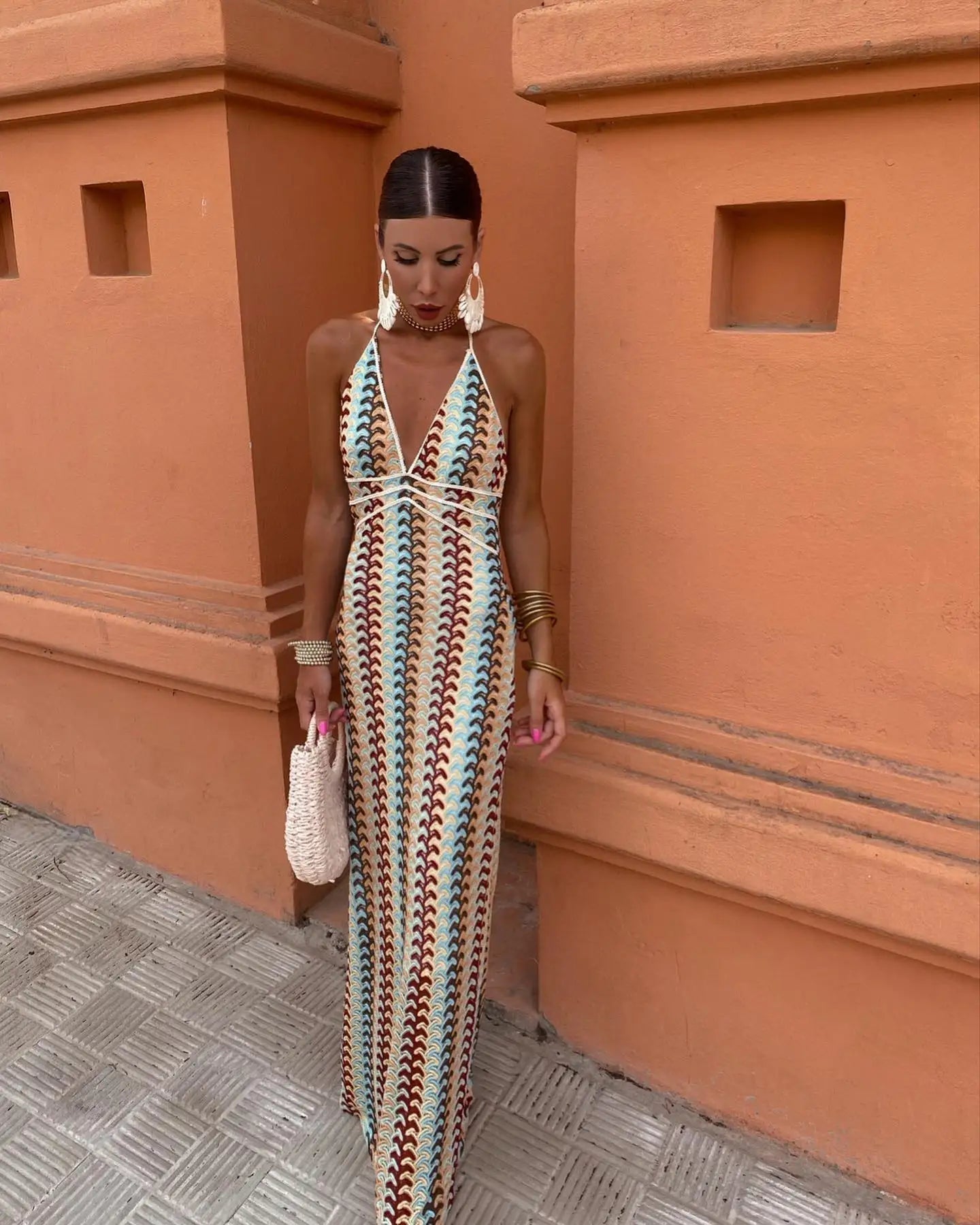 Elena Bellucci | Crochet Halterneck Maxi Dress with Retro Luxe Stripes
