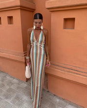 Elena Bellucci | Crochet Halterneck Maxi Dress with Retro Luxe Stripes