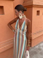Elena Bellucci | Crochet Halterneck Maxi Dress with Retro Luxe Stripes