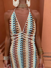 Elena Bellucci | Crochet Halterneck Maxi Dress with Retro Luxe Stripes