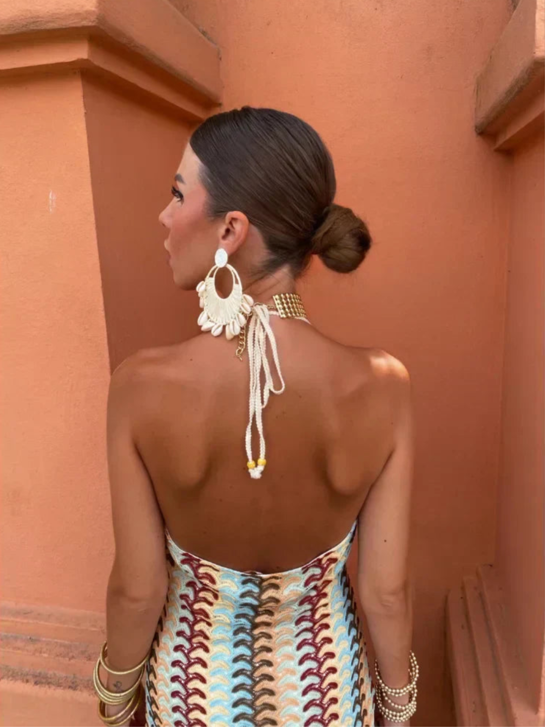 Elena Bellucci | Crochet Halterneck Maxi Dress with Retro Luxe Stripes