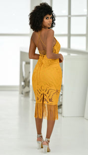 Khaleesi Dress - Mustard - Lace Dress With Fringe