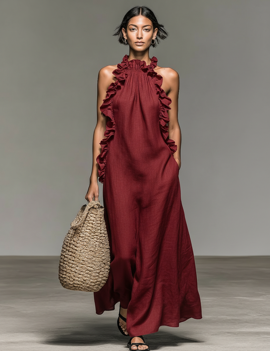 Alvera | Linen-Blend Ruffle Maxi Dress