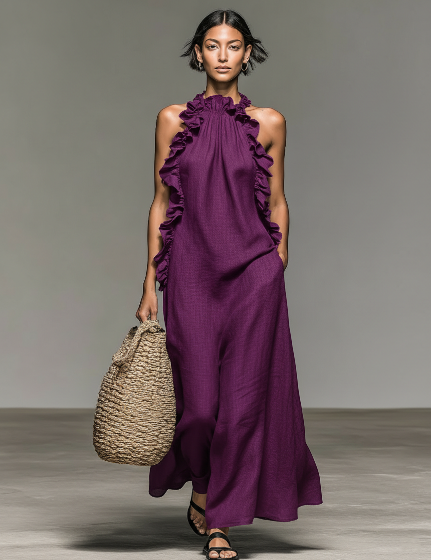 Alvera | Linen-Blend Ruffle Maxi Dress