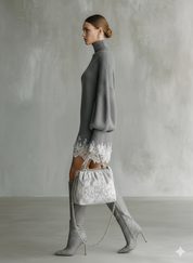 Women's Grey Knitted White Lace Turtleneck Comfortable Mini Dress MDA1157J5T