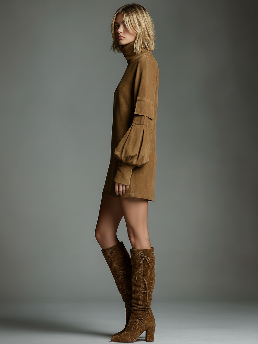 Vintara | Women’s Suede Turtleneck Mini Dress