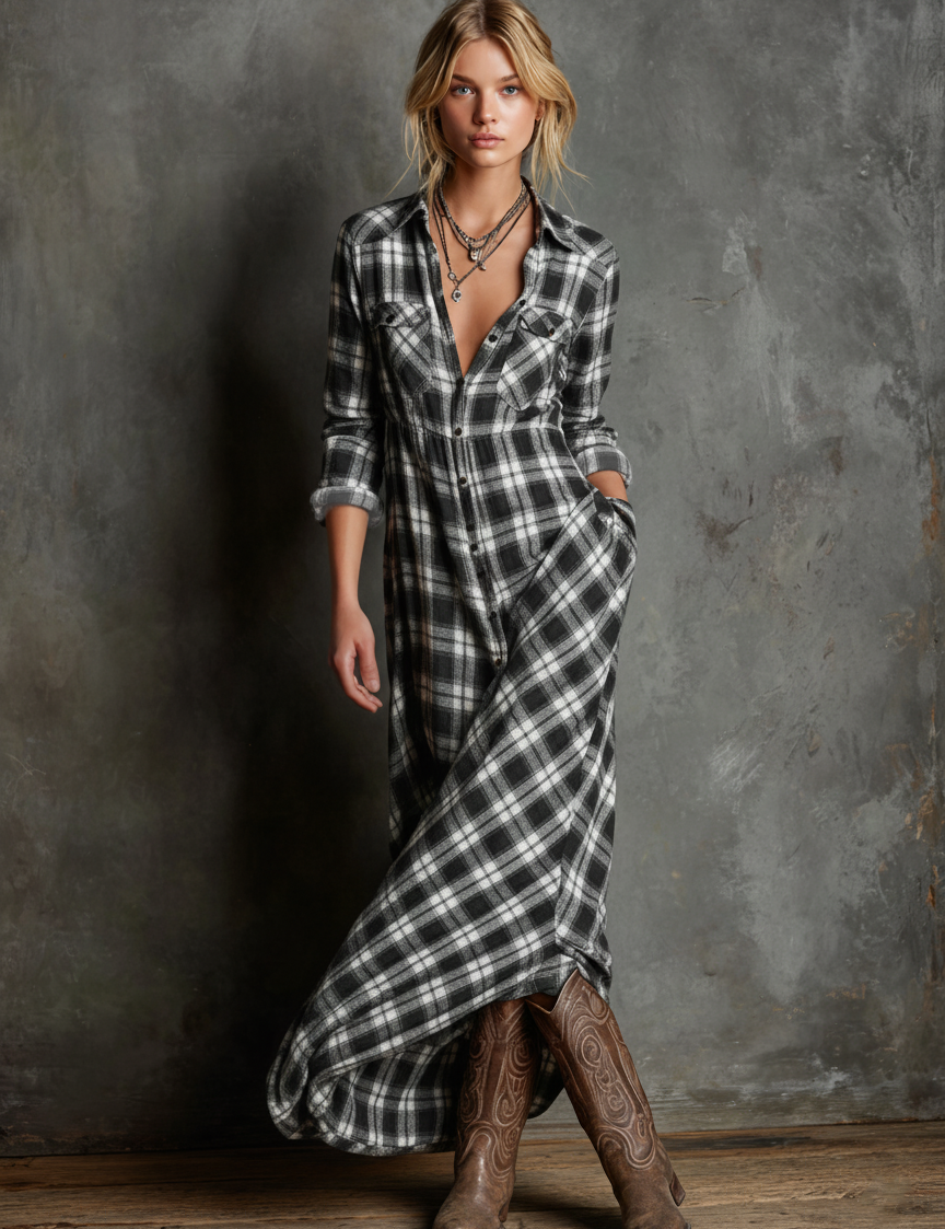 Ashford | Women’s Plaid Shirt Maxi Dress